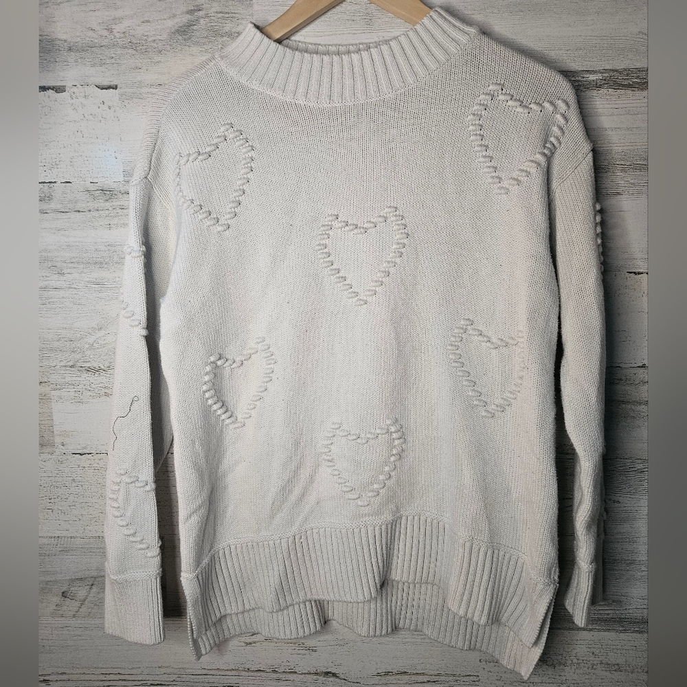 Talbots Knitted Heart Sweater White Womens Medium Petite Valentines Day Crewneck